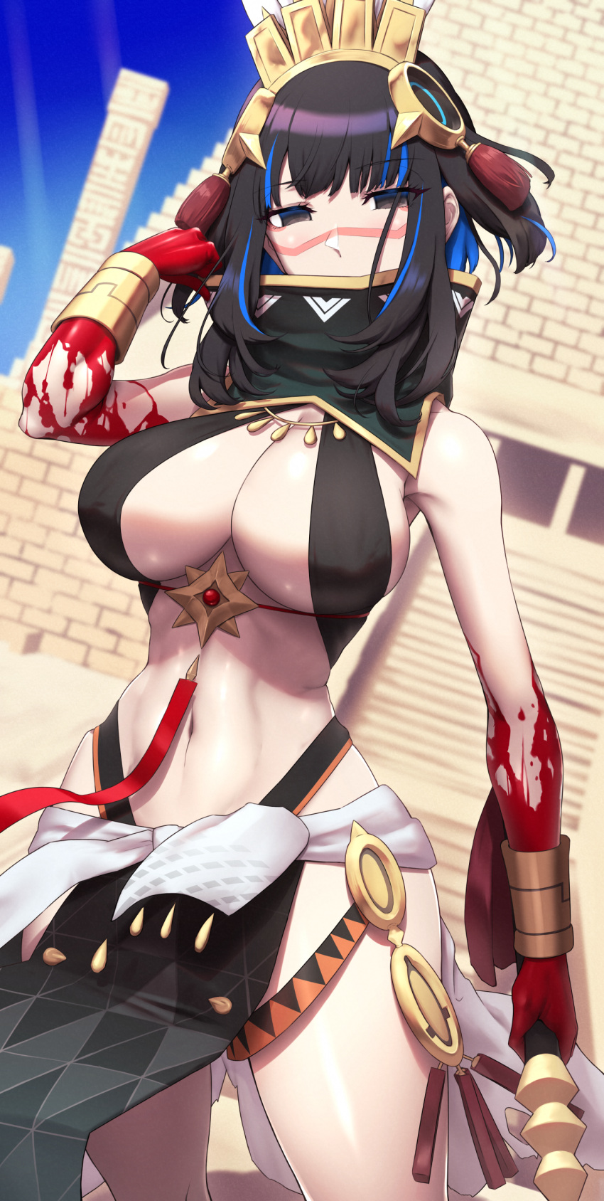 1girl absurdres bare_shoulders black_hair black_skirt blood blood_on_hands blue_hair bracer breasts cleavage colored_inner_hair detached_collar facepaint fate/grand_order fate_(series) feathers grey_eyes halterneck headdress high_collar highres large_breasts looking_at_viewer multicolored_hair pelvic_curtain sash shiroshisu short_hair sidelocks skirt solo tassel tenochtitlan_(fate) tenochtitlan_(first_ascension)_(fate) thighs
