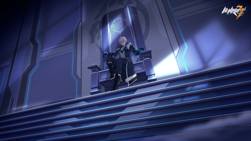 1boy black_footwear boots coat copyright_name full_body highres honkai_(series) honkai_impact_3rd indoors kevin_kaslana logo official_art second-party_source sitting stairs throne white_hair