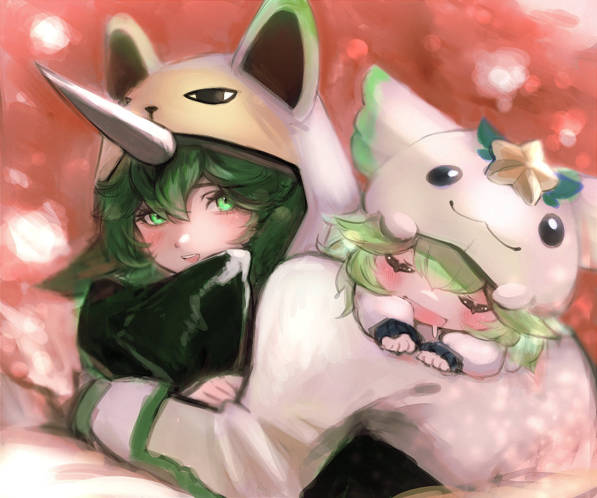 2girls :d blush green_eyes green_hair hair_between_eyes highres hood hood_up horns hugging_object league_of_legends long_sleeves lulu_(league_of_legends) multiple_girls pajama_guardian_lulu pajama_guardian_soraka pillow pillow_hug red_background saliva shi_to single_horn smile soraka_(league_of_legends) teeth upper_teeth_only yordle