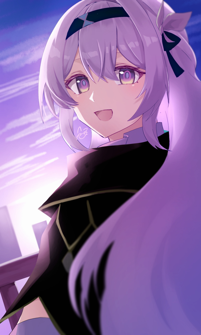 1girl :d absurdres black_hairband black_jacket blush bow cloud cloudy_sky evening firefly_(honkai:_star_rail) from_behind grey_hair hair_between_eyes hair_bow hair_intakes hairband highres honkai:_star_rail honkai_(series) jacket long_hair looking_at_viewer looking_back nekokuro_(geja5355) night night_sky open_mouth outdoors purple_eyes sky smile solo upper_body