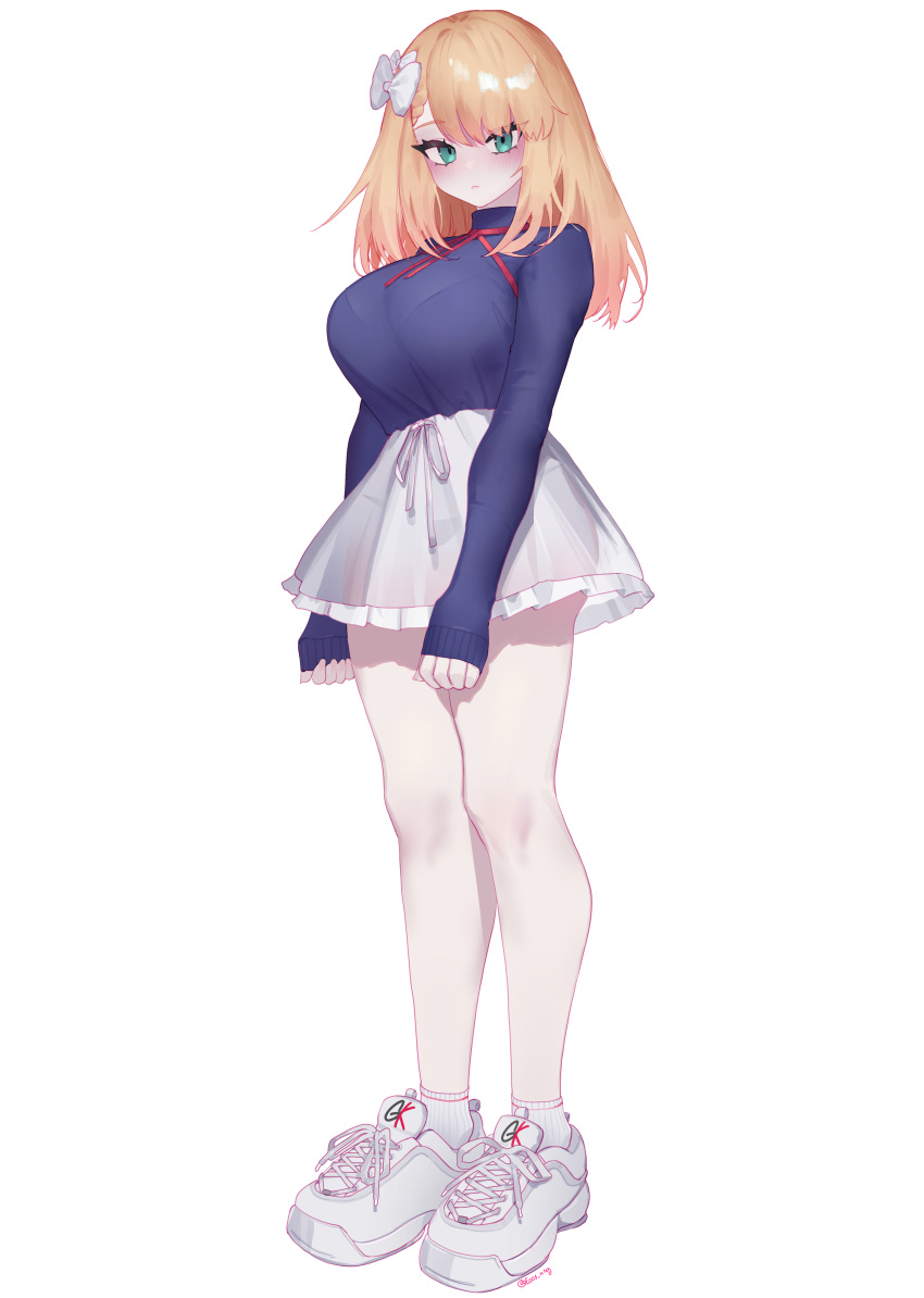 1girl absurdres bare_legs blonde_hair blue_shirt blush bow bra_visible_through_clothes breasts centaureissi_(neural_cloud) commentary eonsang full_body g36_(girls'_frontline) girls'_frontline girls'_frontline_2:_exilium hair_bow highres large_breasts long_hair long_sleeves looking_at_viewer miniskirt pink_skirt see-through see-through_silhouette see-through_skirt shirt shoes simple_background skirt sneakers solo standing white_background white_skirt