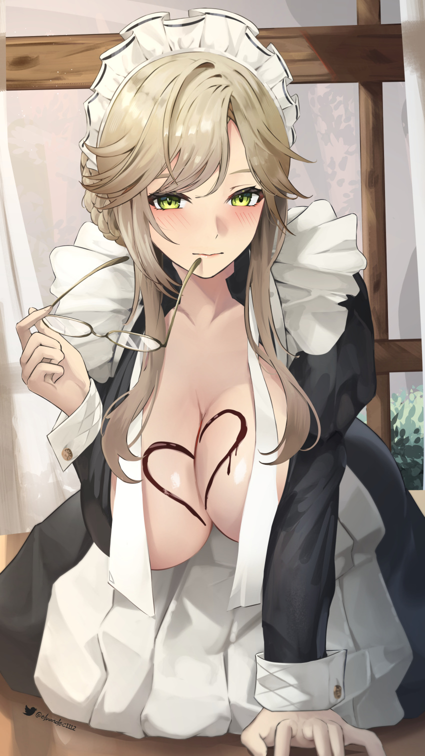 1girl absurdres ade_(nikke) black_dress blonde_hair blush breasts chocolate chocolate_on_body cleavage closed_mouth dress elvandec english_commentary food_on_body glasses goddess_of_victory:_nikke green_eyes highres holding holding_removed_eyewear large_breasts long_hair long_sleeves looking_at_viewer maid maid_headdress sidelocks solo unworn_eyewear white_headwear