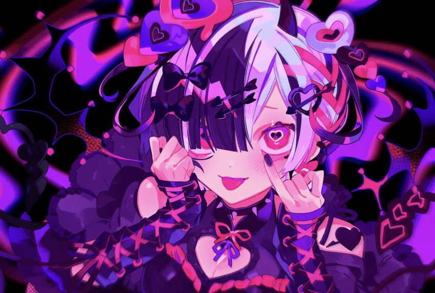 1girl arrow_hair_ornament arrow_through_heart bare_shoulders black_bow black_horns blunt_bangs bow choker cleavage_cutout clothing_cutout cross-laced_clothes cross-laced_gloves dear_devil_(vocaloid) frilled_sleeves frills gloves hair_bow hair_ornament hair_over_one_eye hand_on_own_face heart heart-shaped_pupils heart_hair_ornament highres himanemuitoma horns looking_up multiple_hair_bows nail_polish original pink_bow pink_eyes pink_hair pink_ribbon puffy_short_sleeves puffy_sleeves purple_gloves purple_hair purple_nails purple_ribbon purple_theme ribbon short_hair short_sleeves shoulder_tattoo solo spiked_choker spikes symbol-shaped_pupils tattoo tongue tongue_out upper_body vocaloid white_hair