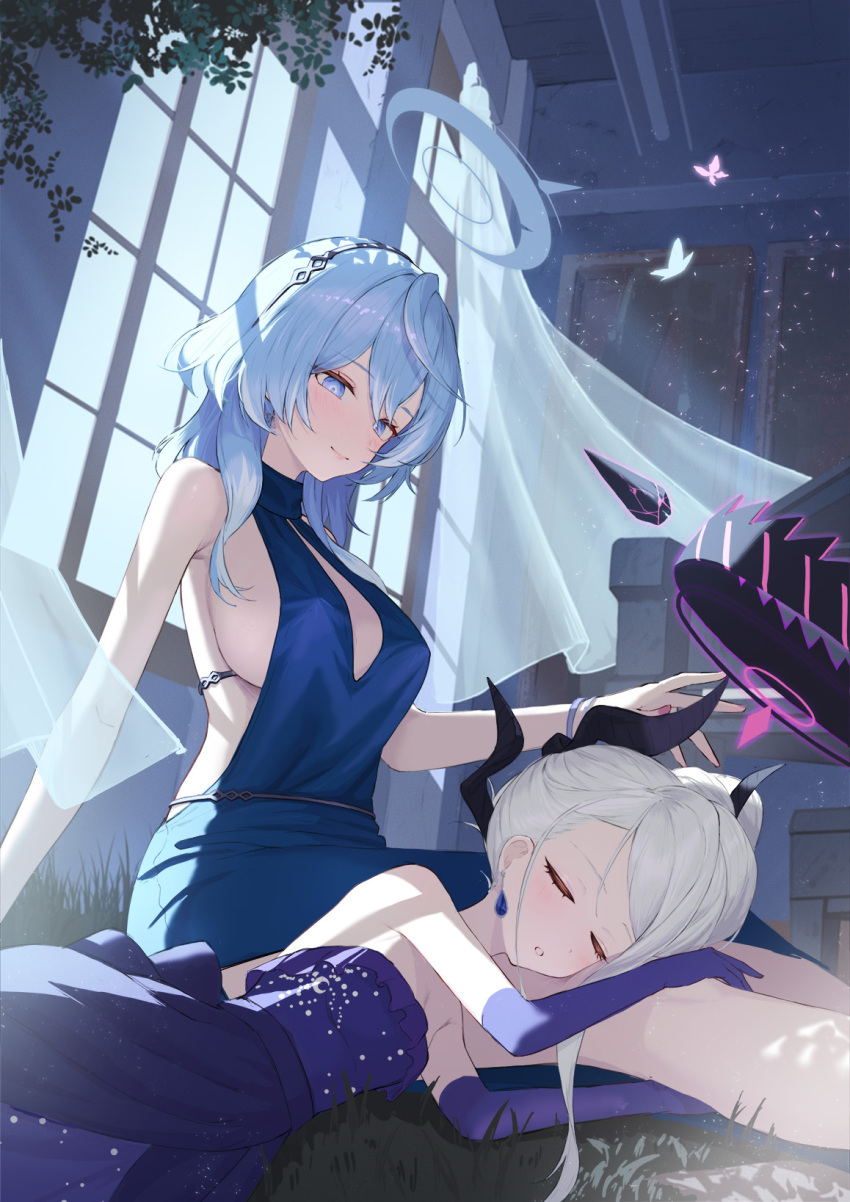 ako_(blue_archive) ako_(dress)_(blue_archive) backless_dress backless_outfit black_horns blue_archive blue_dress blue_eyes blue_hair blue_halo blush breasts cuffs demon_horns dress earrings elbow_gloves gloves hair_between_eyes halo highres hina_(blue_archive) hina_(dress)_(blue_archive) horns jewelry large_breasts long_hair multiple_horns necklace official_alternate_costume official_alternate_hairstyle plunging_neckline purple_dress purple_eyes purple_gloves shigma sideboob sleeveless sleeveless_dress solo strapless strapless_dress white_hair