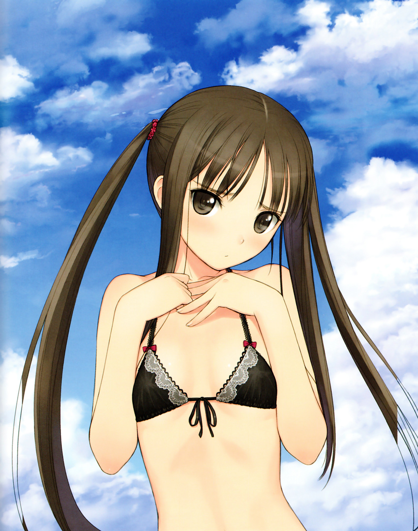 absurdres bangs bare_shoulders black_bra blue_sky bra brown_eyes brown_hair cloud day fault!! flat_chest front-tie_top frown hands_on_own_chest head_tilt highres lingerie long_hair petite scan sky solo sugiyama_mio tanaka_takayuki twintails underwear upper_body