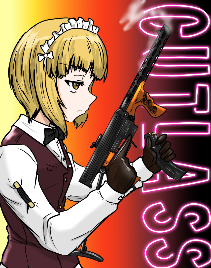 1girl absurdres arm_garter black_bow black_bowtie black_gloves blonde_hair blunt_bangs bob_cut bow bowtie brown_vest character_name closed_mouth commentary cutlass_(girls_und_panzer) dress_shirt from_side frown girls_und_panzer gloves gradient_background gun half-closed_eyes highres holding holding_gun holding_magazine_(weapon) holding_weapon long_sleeves magazine_(weapon) maid_headdress moesenyukikaze shirt short_hair smoke solo submachine_gun text_background trigger_discipline vest weapon weapon_request white_shirt yellow_eyes