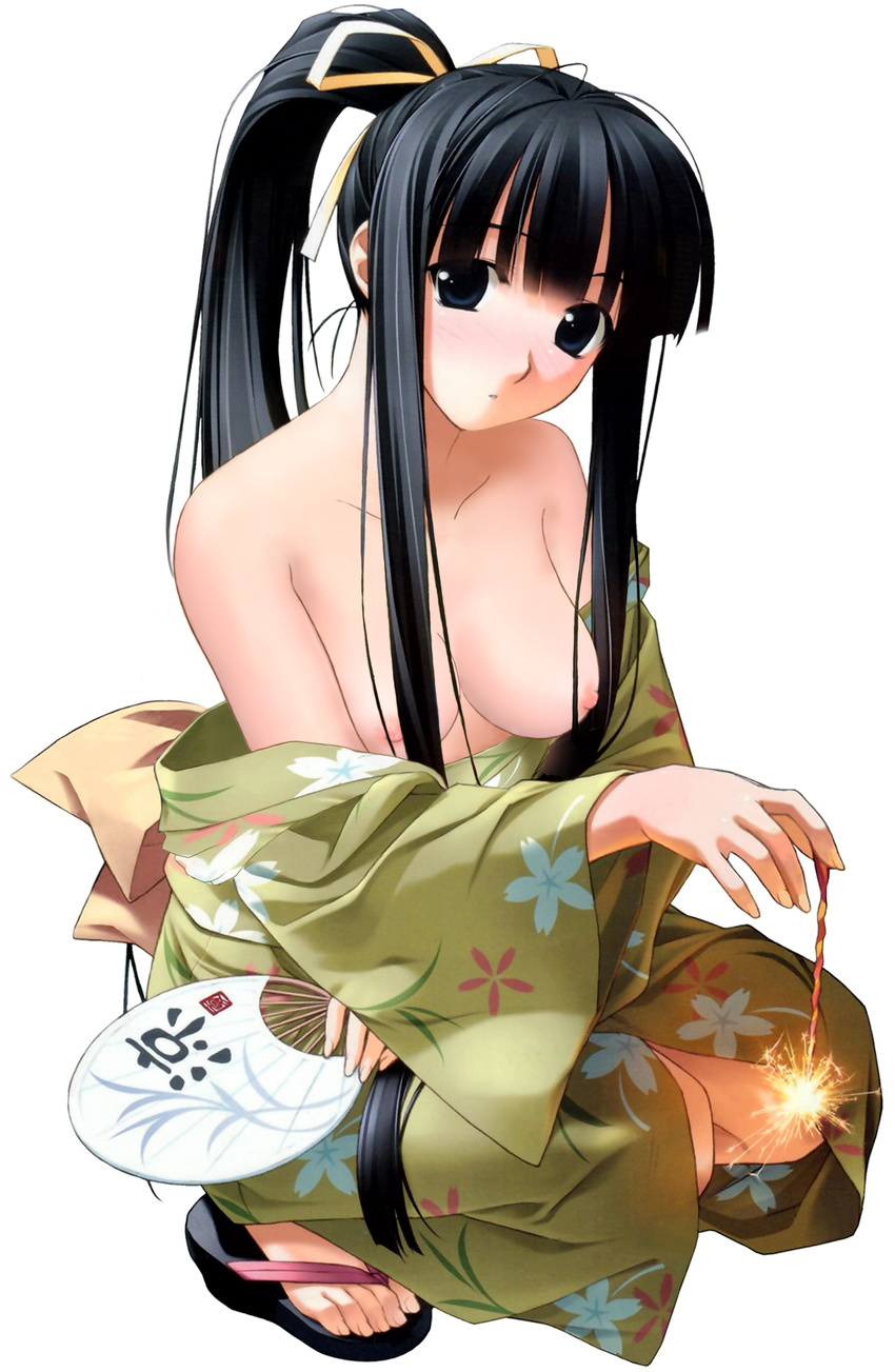 black_eyes black_hair blush breasts fan feet fireworks hair_ribbon hashimoto_takashi highres japanese_clothes kimono nipples paper_fan ponytail ribbon sandals senkou_hanabi simple_background solo sparkler squatting toenails toes uchiwa yukata