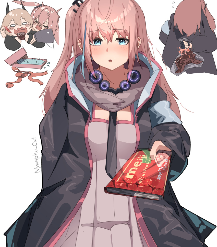 2girls anti-rain_(girls'_frontline) black_jacket black_necktie blonde_hair blue_eyes box chocolate gift gift_box gloves highres jacket long_hair m4_sopmod_ii_(girls'_frontline) m4_sopmod_ii_jr multicolored_hair multiple_girls necktie nyanphu_cat pink_hair ponytail st_ar-15_(girls'_frontline)