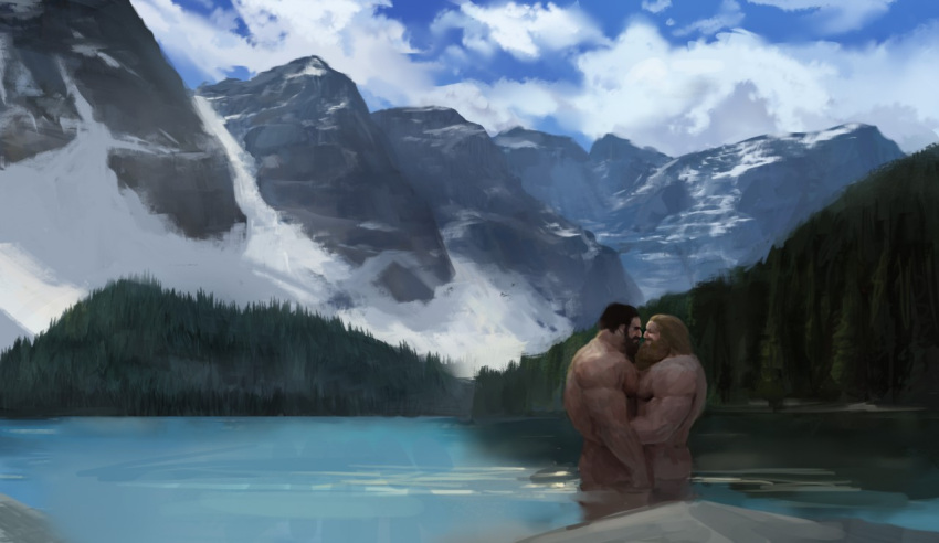 2boys a0secret bara beard blue_sky chest_hair completely_nude couple cowboy_shot day eye_contact face-to-face facial_hair foreplay forest from_side full_beard large_pectorals league_of_legends looking_at_another male_focus mature_male mountainous_horizon multiple_boys muscular muscular_male nature nude olaf_(league_of_legends) outdoors pectoral_docking pectoral_press pectorals profile public_indecency public_nudity scenery sky standing thick_beard thick_eyebrows tree udyr wading water yaoi