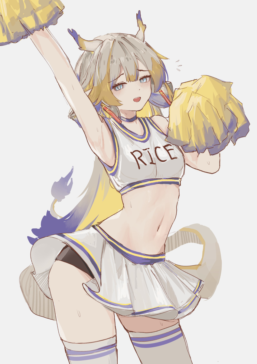 1girl absurdres arknights arm_up armpits bare_shoulders blonde_hair blue_choker blue_eyes cheerleader choker clothes_writing commentary_request cowboy_shot crop_top grey_hair highres holding holding_pom_poms horns long_hair looking_at_viewer midriff miniskirt navel open_mouth pom_pom_(cheerleading) shirt shu_(arknights) skirt sleeveless sleeveless_shirt solo standing stomach thighhighs very_long_hair wawamachi_(wawamachis) white_skirt white_thighhighs