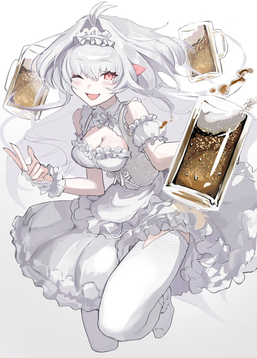 1girl absurdres alcohol antenna_hair beer beer_mug blush_stickers breasts cleavage corset cup detached_sleeves dress eyelashes fate/grand_order fate_(series) grey_hair highres holding holding_cup lady_avalon_(fate) large_breasts maid_headdress merlin_(fate/prototype) mug one_eye_closed open_mouth pink_eyes puffy_detached_sleeves puffy_sleeves ribbon solo thighhighs tokoni_fusu white_background white_dress white_ribbon white_thighhighs wrist_cuffs