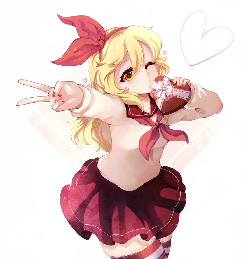 1girl alternate_costume blonde_hair bow_hairband box dungeon_toaster ellen_(touhou) gift hairband heart heart-shaped_box highres long_hair red_hairband shirt skirt solo thighhighs touhou touhou_(pc-98) valentine yellow_eyes