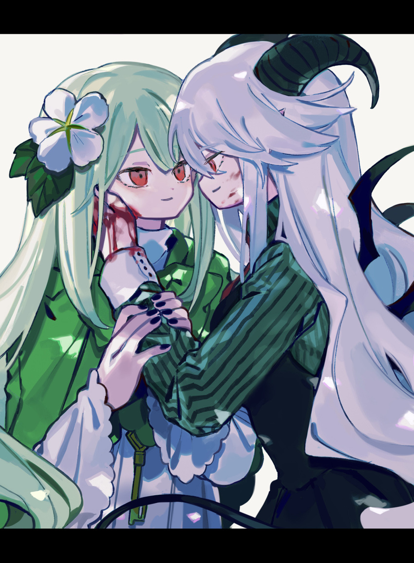 2girls amasonakius couple demon_girl demon_horns face-to-face funamusea green_hair haiiro_teien highres horns long_hair multiple_girls reficul_(haiiro_teien) sin_(haiiro_teien) white_hair yuri