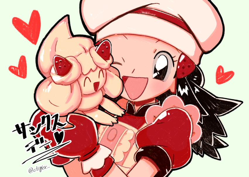 1girl alcremie alcremie_(strawberry_sweet) apron commentary_request dawn_(palentine's_2021)_(pokemon) dawn_(pokemon) food-themed_hair_ornament hair_ornament heart holding holding_pokemon mittens official_alternate_costume one_eye_closed pink_apron pink_headwear pokemon pokemon_(creature) pokemon_masters_ex red_mittens smile strawberry_hair_ornament tora_(ctiger) twitter_username upper_body