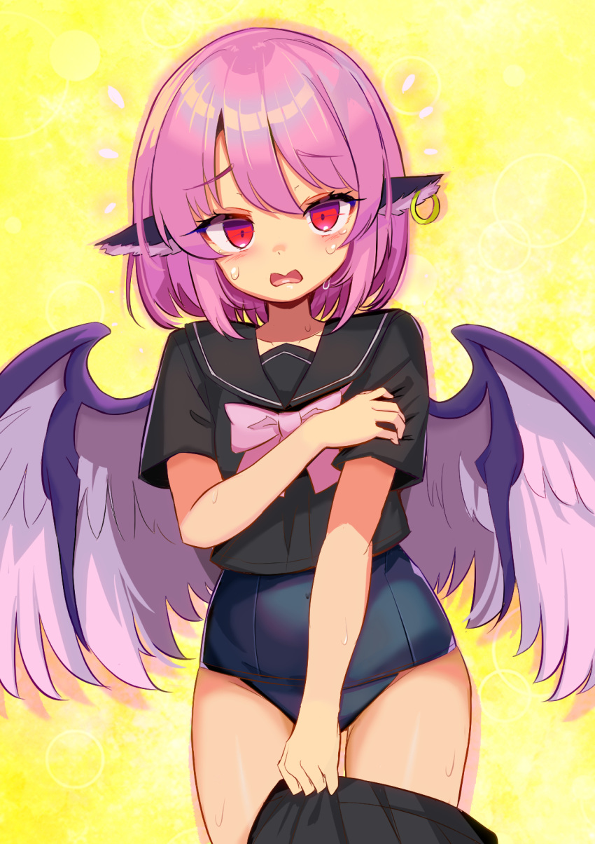 1girl alternate_costume animal_ears bird_ears bird_wings black_one-piece_swimsuit black_sailor_collar black_skirt blush commission cowboy_shot earrings hair_between_eyes harakune_(mugennero) highres jewelry looking_at_viewer mystia_lorelei one-piece_swimsuit open_mouth pink_hair pink_wings red_eyes sailor_collar school_uniform short_hair short_sleeves single_earring skeb_commission skirt solo swimsuit swimsuit_under_clothes touhou wings