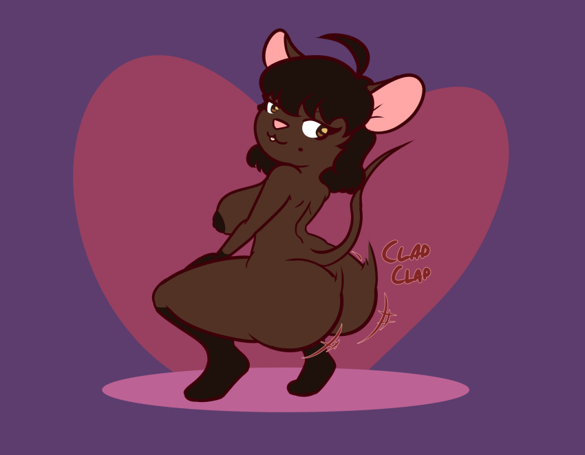 anthro big_breasts big_butt breasts brown_body brown_hair buckteeth butt duo female gwen_geek gwen_martin hair hi_res huge_butt mammal mouse murid murine nokamiwd nude rodent short_stack simple_background solo teeth thick_thighs twerking wide_hips