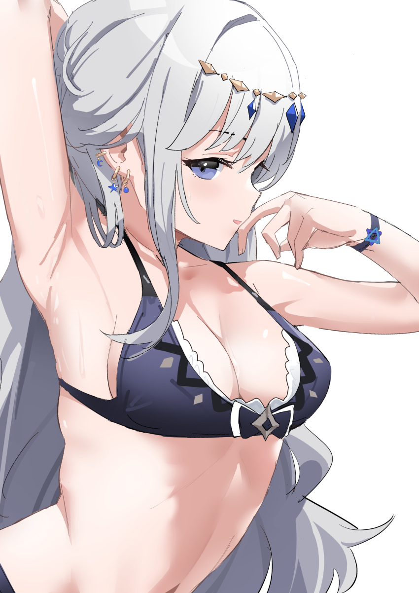 absurdres adina_(black_survival) armpits black_survival blue_eyes bracelet breasts earrings erinaka0413 eternal_return:_black_survival highres jewelry light_smile long_hair open_mouth underwear white_hair