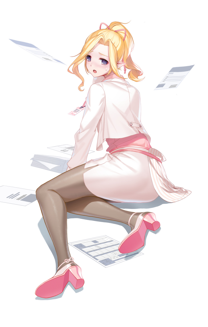 1girl :o alternate_hair_color anklet arm_support ass blonde_hair blush business_suit closers collared_shirt dress_shirt fallen_down from_side furrowed_brow grey_pantyhose hair_ribbon high_heels highres id_card jacket jewelry lanyard levia_(closers) long_sleeves looking_at_viewer medium_hair miniskirt no_pupils office_lady official_art pantyhose paper pencil_skirt pink_footwear pink_ribbon pink_shirt pointy_ears ponytail purple_eyes ribbon shadow shirt shirt_tucked_in side_slit skirt solo suit suit_jacket sweat turning_head white_background white_jacket white_skirt