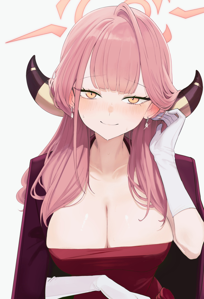 1girl absurdres aru_(blue_archive) aru_(dress)_(blue_archive) blue_archive blush breasts brown_coat brown_horns cleavage closed_mouth coat coat_on_shoulders collarbone demon_horns dress earrings gloves halo highres horns jewelry large_breasts long_hair looking_at_viewer official_alternate_costume pink_hair pink_halo ran_(bearsoymilk) red_dress simple_background smile solo strapless strapless_dress white_background white_gloves yellow_eyes