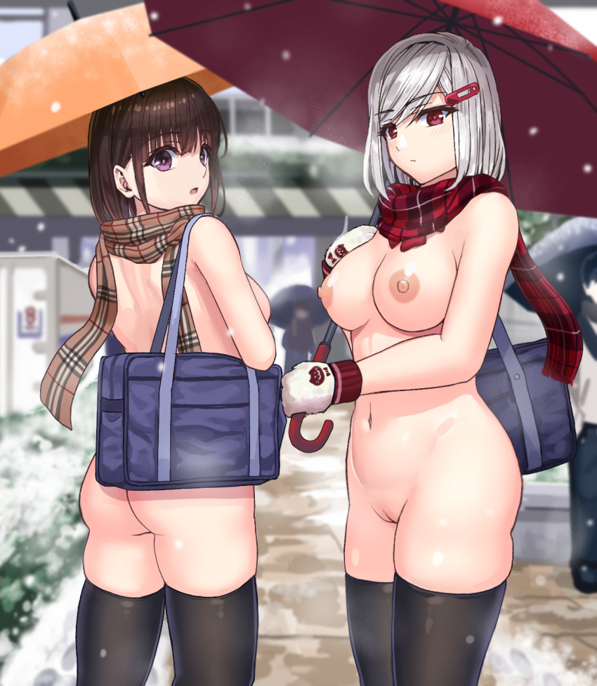 2girls ass bag black_thighhighs blush breasts brown_hair brown_scarf butt_crack expressionless hair_ornament hairclip highres looking_at_viewer looking_back medium_breasts medium_hair mittens multiple_girls naked_scarf navel nipples niwano_7hoshi nude open_mouth orange_umbrella original outdoors plaid plaid_scarf public_indecency public_nudity purple_eyes pussy red_eyes red_scarf red_umbrella sakiyama_kyouka scarf school_bag seto_kanon sideboob snow snowing thighhighs umbrella white_hair zenra