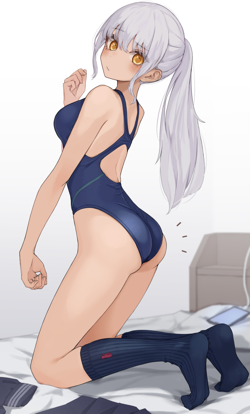 1girl absurdres ass back bare_arms bare_shoulders barefoot blush breasts closed_mouth competition_swimsuit from_behind from_side full_body grey_hair hair_ornament highleg highleg_swimsuit highres indoors kneehighs kneeling kopaka_(karda_nui) long_hair looking_at_viewer looking_back medium_breasts one-piece_swimsuit original ponytail ribbon sidelocks simple_background socks solo swimsuit thighs twintails very_long_hair yellow_eyes