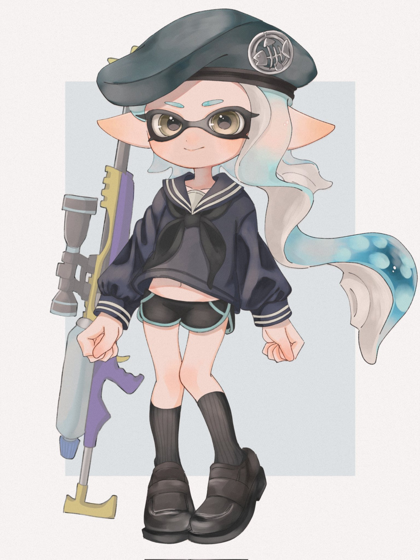 1girl beret black_footwear black_socks blue_hair border brown_eyes closed_mouth dot_nose eyelashes full_body grey_background grey_headwear gun hat highres holding holding_gun holding_weapon inkling_girl inkling_player_character lemo_(lemo_4) long_hair looking_at_viewer midriff navel outside_border pointy_ears sailor_collar sailor_shirt scope shirt shoes simple_background smile socks solo splat_charger_(splatoon) splatoon_(series) splatoon_3 standing tentacle_hair weapon white_border