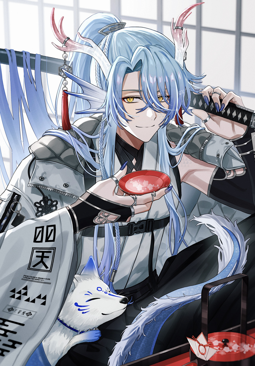 1boy alcohol animal antlers azuma_hatori baggy_pants bishounen black_pants blue_hair blue_nails blue_scales braid bridal_gauntlets chest_harness chinese_zodiac closed_mouth commentary_request cup dragon_boy dragon_tail fingernails fins fox fur-tipped_tail grey_jacket hair_between_eyes hands_up harness head_fins high_ponytail highres holding holding_cup holding_sword holding_weapon horn_ornament horns indoors jacket jacket_on_shoulders japanese_clothes jewelry katana long_hair looking_at_viewer male_focus multiple_rings new_year original over_shoulder pants ring sakazuki sake scales sharp_fingernails shirt shouji sidelocks sitting sleeveless sleeveless_shirt sliding_doors slit_pupils smile solo sword sword_over_shoulder tail tassel upper_body very_long_hair weapon weapon_over_shoulder white_background year_of_the_dragon yellow_eyes
