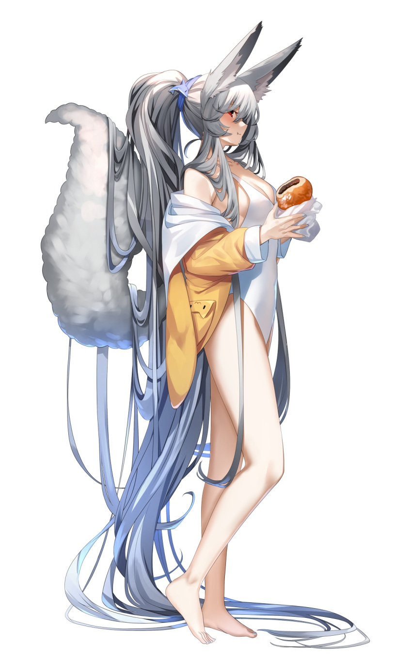 1girl absurdly_long_hair animal_ear_fluff animal_ears bare_shoulders commentary_request dolphin_hair_ornament food fox_ears fox_girl fox_tail full_body grey_hair hair_between_eyes highres holding holding_food jacket long_hair long_sleeves off_shoulder one-piece_swimsuit open_clothes open_jacket original ponytail profile puffy_long_sleeves puffy_sleeves red_eyes simple_background solo standing swimsuit tail very_long_hair white_background white_one-piece_swimsuit yellow_jacket yuuji_(yukimimi)