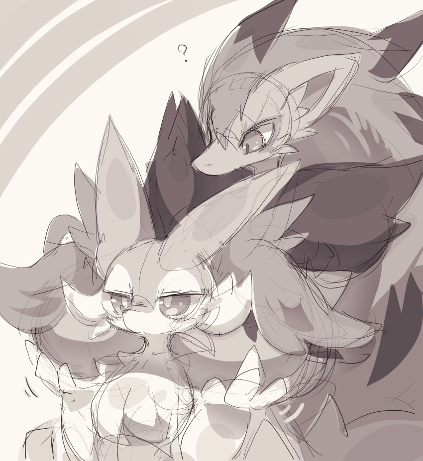 3_fingers absurd_res anthro big_breasts big_ears black_body black_fur braixen breasts duo female fingers fur generation_5_pokemon generation_6_pokemon hair hi_res holding_breast inner_ear_fluff intersex intersex/female multicolored_hair nintendo nyaswitchnya pokemon pokemon_(species) question_mark tuft white_body white_fur zoroark