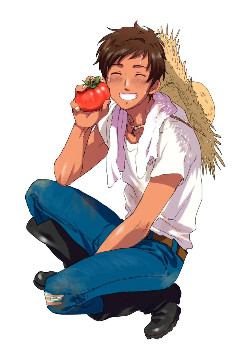 axis_powers_hetalia blush boots brown_hair closed_eyes denim dirty food full_body hat highres jeans joy88 male_focus open_mouth pants smile spain_(hetalia) sun_hat sweat tomato torn_clothes towel