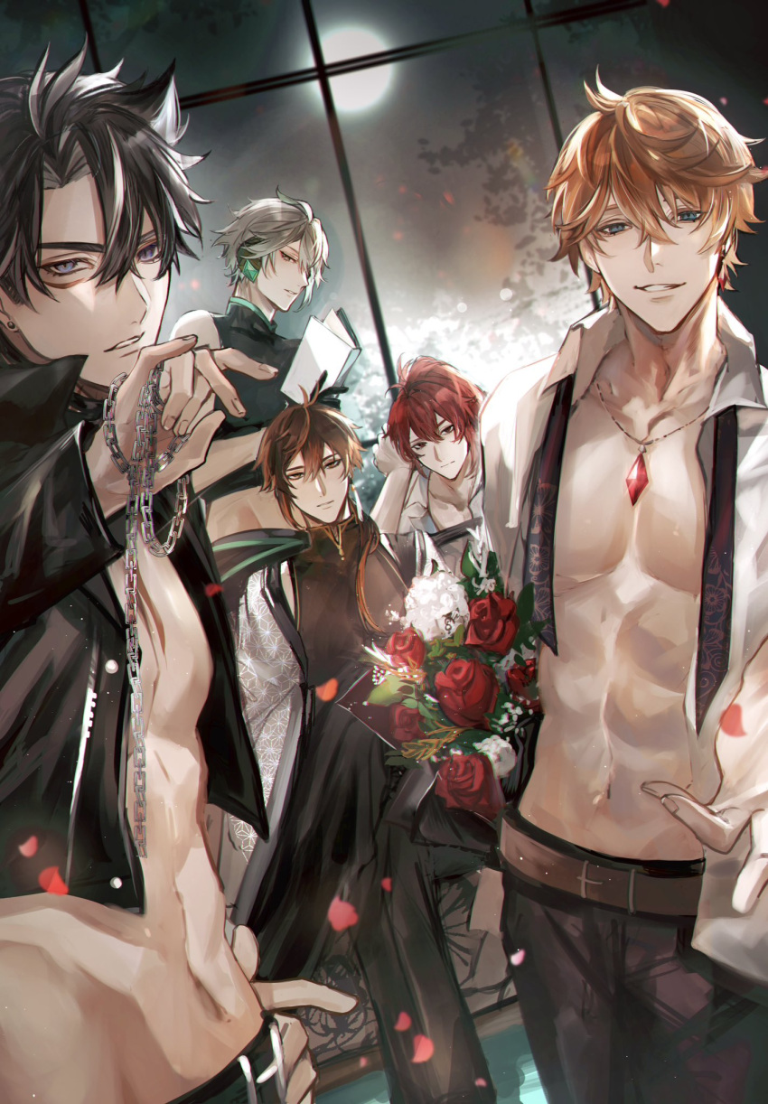 5boys abs alhaitham_(genshin_impact) alternate_costume black_hair book brown_hair crossed_legs diluc_(genshin_impact) flower grey_hair hair_between_eyes hand_on_own_hip highres holding holding_book indoors looking_at_viewer male_focus multiple_boys muscular muscular_male navel open_clothes open_shirt orange_hair outstretched_arms red_flower red_hair red_rose rose short_hair sitting smile standing tartaglia_(genshin_impact) wriothesley_(genshin_impact) zaza_(zazam_s) zhongli_(genshin_impact)