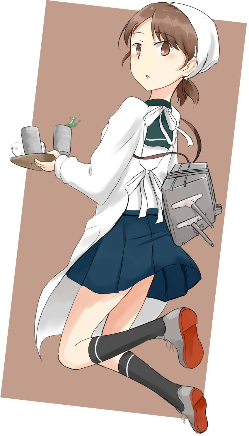 1girl absurdres adapted_turret apron back blush brown_background brown_hair cup head_scarf highres japanese_clothes kantai_collection kappougi looking_at_viewer official_alternate_costume school_uniform shirayuki_(kancolle) solo subaru_izumi teacup tray white_background