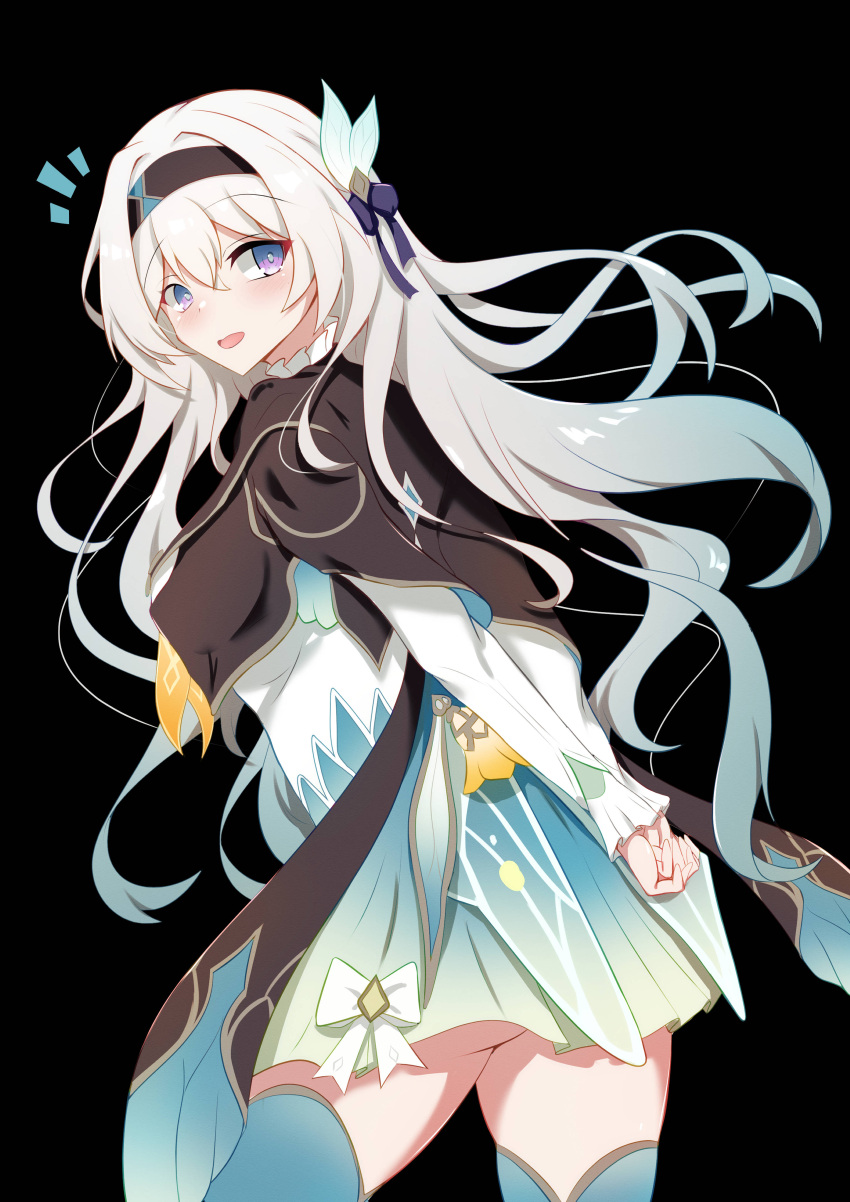1girl :d absurdres arm_behind_back black_background black_hairband black_jacket blue_bow blue_eyes blue_hair blue_pupils blue_skirt blue_thighhighs bow collared_shirt cowboy_shot cropped_jacket firefly_(honkai:_star_rail) from_side gradient_hair grey_hair hair_between_eyes hair_bow hair_intakes hairband highres honkai:_star_rail honkai_(series) ice_choco_maker jacket legs_apart long_sleeves looking_at_viewer multicolored_hair neckerchief notice_lines open_mouth orange_neckerchief pleated_skirt shirt sidelocks simple_background skirt smile solo thighhighs white_shirt zettai_ryouiki