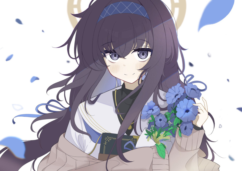 1girl bags_under_eyes blue_archive blue_flower book bouquet brown_cardigan cardigan flower free_donut headband highres holding holding_book holding_bouquet jewelry necklace petals smile solo ui_(blue_archive)