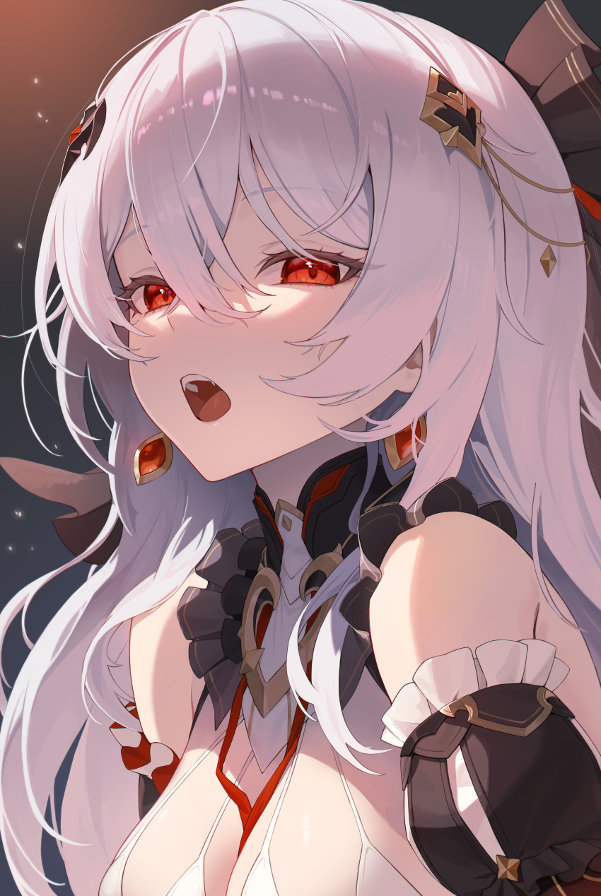 1girl absurdres bare_shoulders black_dress black_sleeves breasts cleavage commentary_request detached_sleeves dkxlek dress earrings hair_between_eyes highres honkai_(series) honkai_impact_3rd jewelry long_hair looking_at_viewer open_mouth puffy_sleeves red_eyes solo theresa_apocalypse theresa_apocalypse_(luna_kindred) theresa_apocalypse_(lunar_vow:_crimson_love) white_hair