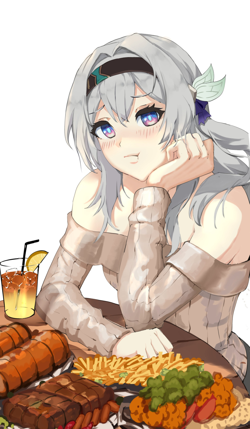 1girl :t absurdres alternate_costume bare_shoulders black_hairband blush commentary_request cup drinking_glass drinking_straw food french_fries fruit grey_hair grey_sweater hairband hand_up head_rest highres honkai:_star_rail honkai_(series) kagurachi lemon lemon_slice long_hair long_sleeves looking_at_viewer meat off-shoulder_sweater off_shoulder purple_eyes robin_(honkai:_star_rail) simple_background solo sweater table very_long_hair white_background