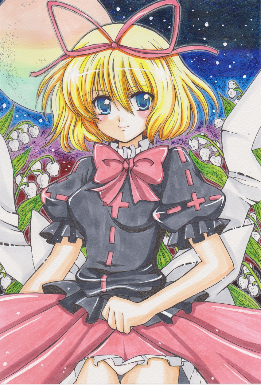 absurdres bad_id bad_pixiv_id blonde_hair blue_eyes blush bow bowtie flower full_moon hair_ribbon highres lifted_by_self lily_of_the_valley looking_at_viewer marker_(medium) medicine_melancholy moon panties rascal_(n119) ribbon short_hair skirt skirt_lift smile solo standing touhou traditional_media underwear