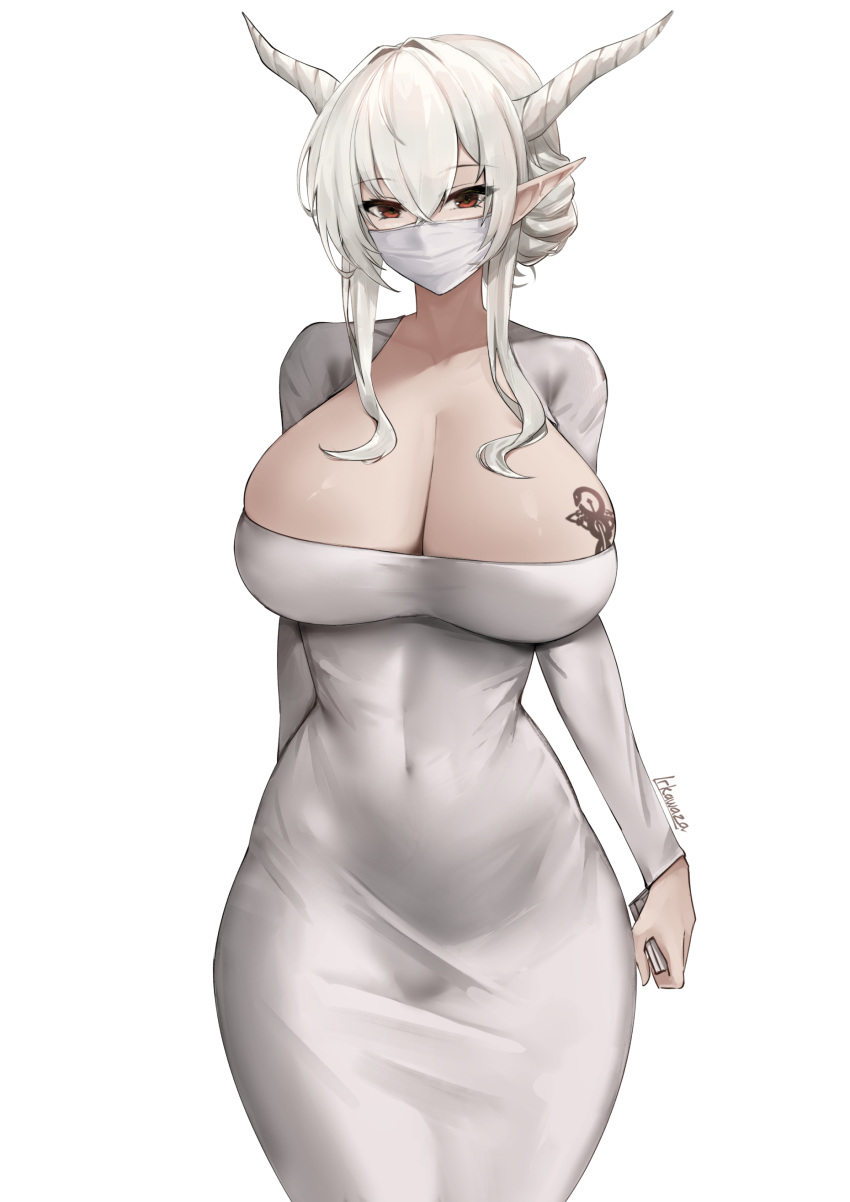 1girl absurdres alternate_costume arknights breast_tattoo breasts closed_mouth collarbone covered_navel cowboy_shot dress grey_hair highres holding horns huge_breasts irkawaza long_sleeves looking_at_viewer mask mouth_mask pointy_ears red_eyes shining_(arknights) short_hair_with_long_locks sidelocks solo tattoo white_dress