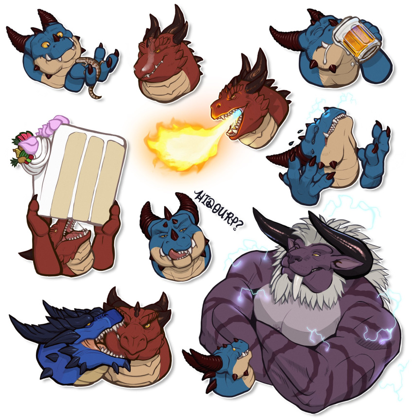anthro bite blue_body blue_horn breath_powers brown_horn cake cheek_spikes dessert dragon duo electricity elemental_manipulation facial_spikes feral fire fire_breathing fire_manipulation food hi_res holding_another holding_beer holding_cake holding_food holding_object horn khyaber licking licking_lips licking_own_lips male multiple_images narrowed_eyes pupils purple_body red_body red_tongue scales scalie simple_background size_difference slit_pupils solo spikes spikes_(anatomy) striped_arms tan_body tan_scales tongue tongue_out white_background yellow_eyes
