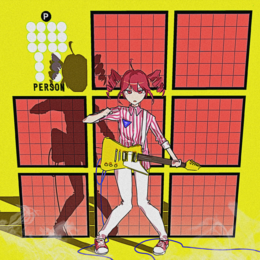 1girl commentary_request drill_hair electric_guitar full_body guitar hakushi_jaco highres holding holding_guitar holding_instrument instrument kasane_teto no_pants p-model red_eyes red_footwear red_hair shadow shirt shoes sneakers solo striped_clothes striped_shirt twin_drills utau wing_collar
