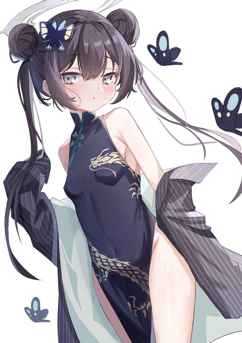 1girl :o absurdres bare_shoulders black_dress black_hair blue_archive blush breasts bug butterfly butterfly_hair_ornament china_dress chinese_clothes chun_jiang coat commentary covered_navel cowboy_shot double_bun dress grey_coat grey_eyes grey_halo groin hair_between_eyes hair_bun hair_ornament halo highres kisaki_(blue_archive) long_hair looking_at_viewer off_shoulder parted_lips pelvic_curtain simple_background small_breasts solo striped_coat twintails vertical-striped_coat white_background