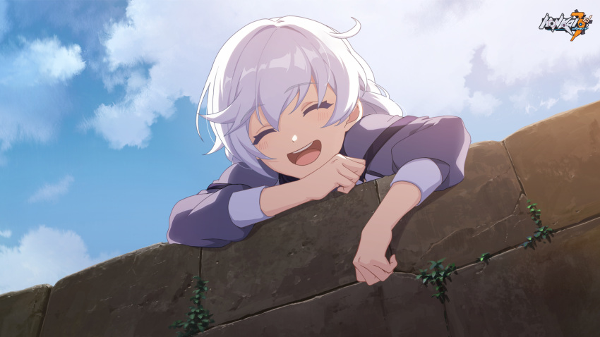 1girl :d aged_down blue_sky brick_wall closed_eyes cloud cloudy_sky copyright_name day hair_between_eyes highres honkai_(series) honkai_impact_3rd kallen_kaslana logo official_art open_mouth outdoors purple_shirt second-party_source shirt sky sleeves_past_wrists smile solo teeth white_hair
