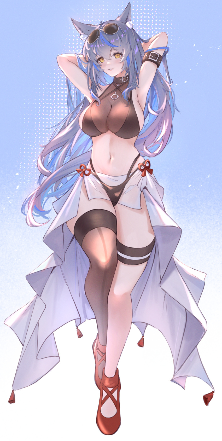 1girl animal_ear_fluff animal_ears arm_belt armpits arms_behind_head arms_up bikini black_bikini black_thighhighs blue_hair breasts cat_ears cleavage commentary drone_(drone_37) eyewear_on_head full_body highleg highleg_bikini highres large_breasts long_hair looking_at_viewer mole mole_under_eye multi-strapped_bikini_bottom navel original parted_lips red_footwear sarong shoes simple_background single_thighhigh smile solo standing sunglasses swimsuit symbol-only_commentary thighhighs walking white_sarong yellow_eyes