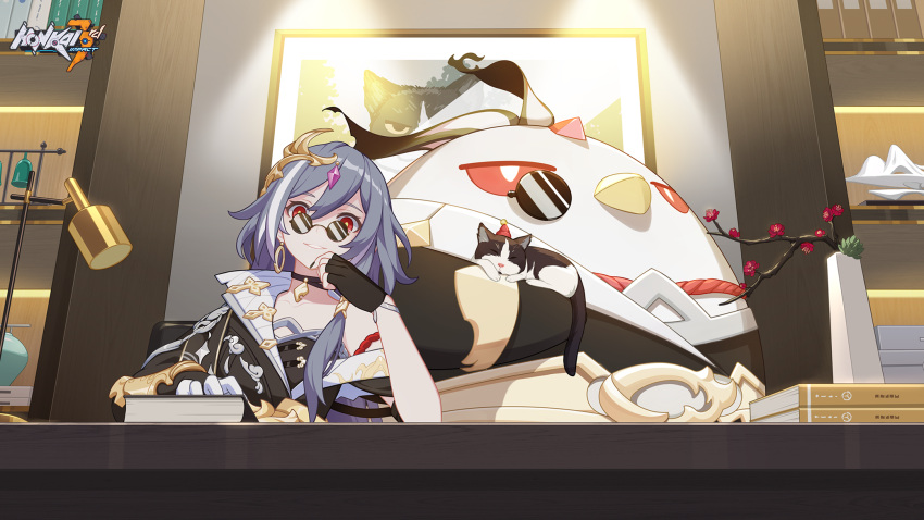 1girl animal bird black_gloves black_hair book cat chicken chinese_clothes choker copyright_name fingerless_gloves fu_hua fu_hua_(herrscher_of_sentience) glasses gloves grey_hair hair_ornament highres honkai_(series) honkai_impact_3rd indoors jingwei_(bird) lamp logo long_hair looking_at_viewer monocle official_art pince-nez poster_(object) red_eyes second-party_source smile table