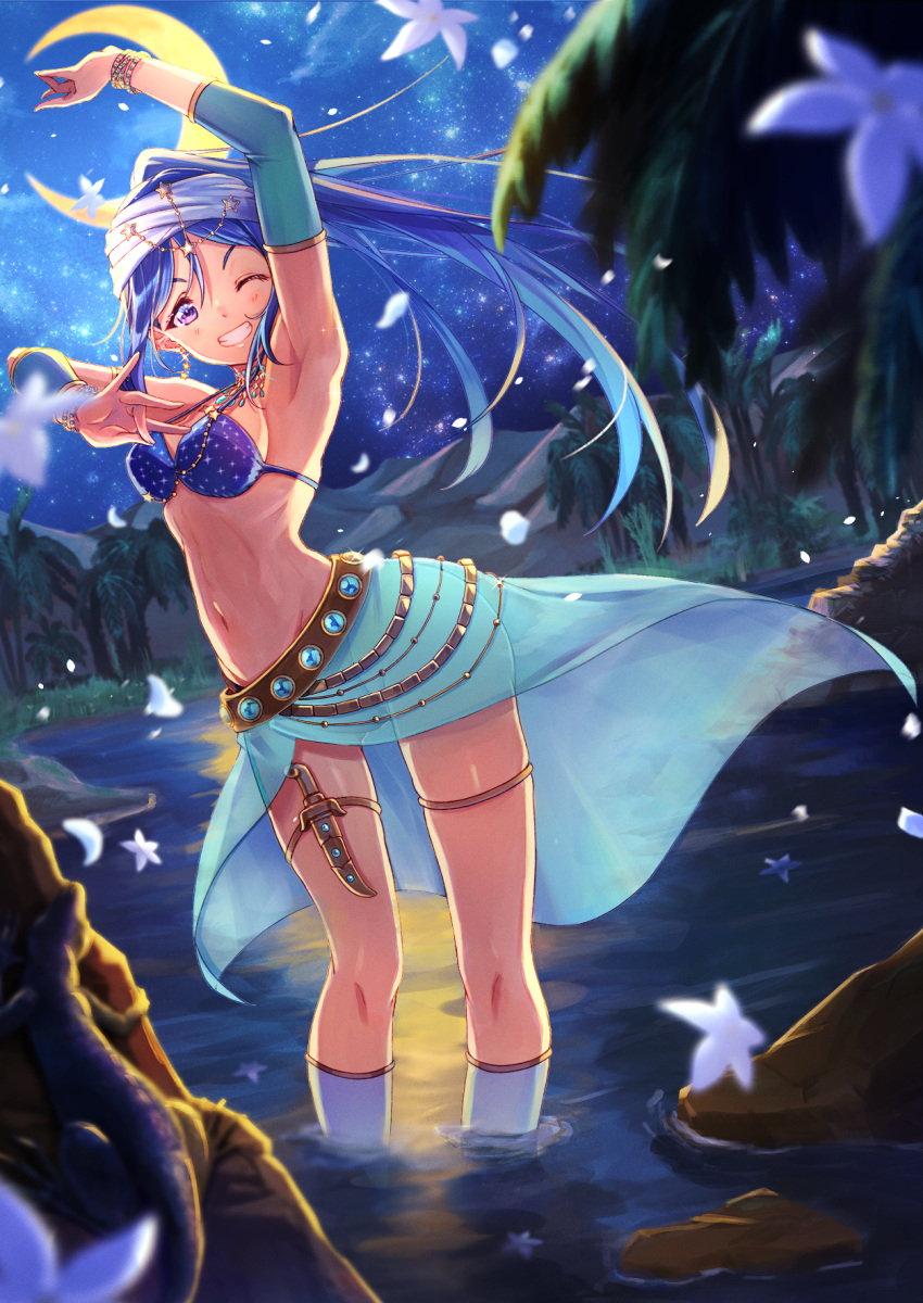 1girl armpits belly_dancing bikini birthday blue_hair bracelet breasts commentary crescent_moon dagger dancer earrings grin highres jewelry knife long_hair looking_at_viewer love_live! love_live!_sunshine!! macken matsuura_kanan medium_breasts moon night night_sky one_eye_closed purple_eyes sky smile solo star_(sky) starry_sky swimsuit weapon