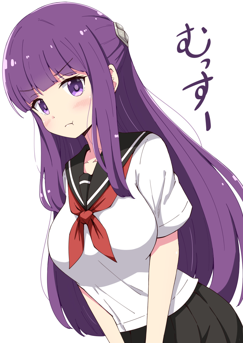 1girl :t absurdres aikawa_ryou black_sailor_collar black_skirt blush breasts closed_mouth commentary_request dutch_angle fern_(sousou_no_frieren) highres looking_at_viewer medium_breasts neckerchief pleated_skirt pout purple_eyes purple_hair red_neckerchief sailor_collar school_uniform serafuku shirt simple_background skirt solo sousou_no_frieren translation_request v-shaped_eyebrows white_background white_shirt