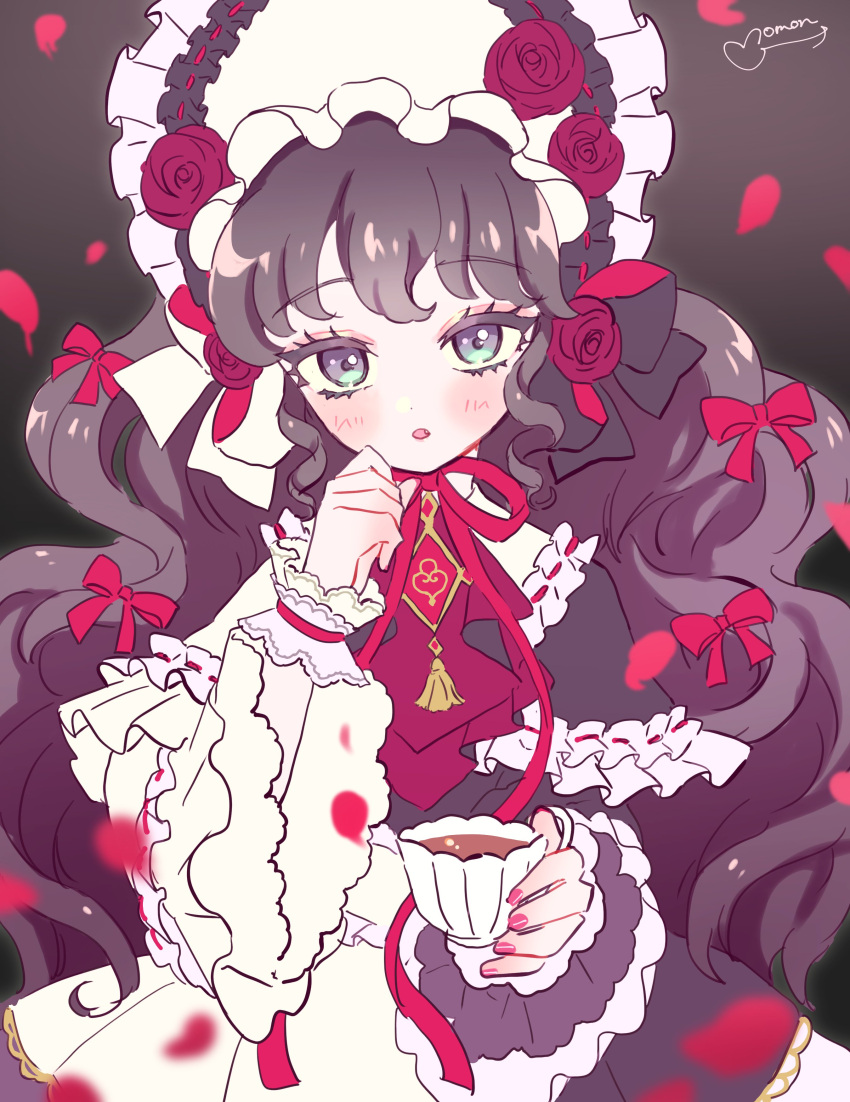 1girl absurdres ascot black_hair bonnet capelet commentary_request cowboy_shot cup dress flower frilled_capelet frilled_dress frills gaaruru_(pripara) hand_on_own_face hand_up highres holding holding_cup lolita_fashion long_hair long_sleeves looking_at_viewer momokan_(mmkn100) open_mouth petals pretty_series pripara red_ascot red_flower red_rose rose rose_petals solo teacup two-tone_dress very_long_hair wavy_hair wrist_cuffs