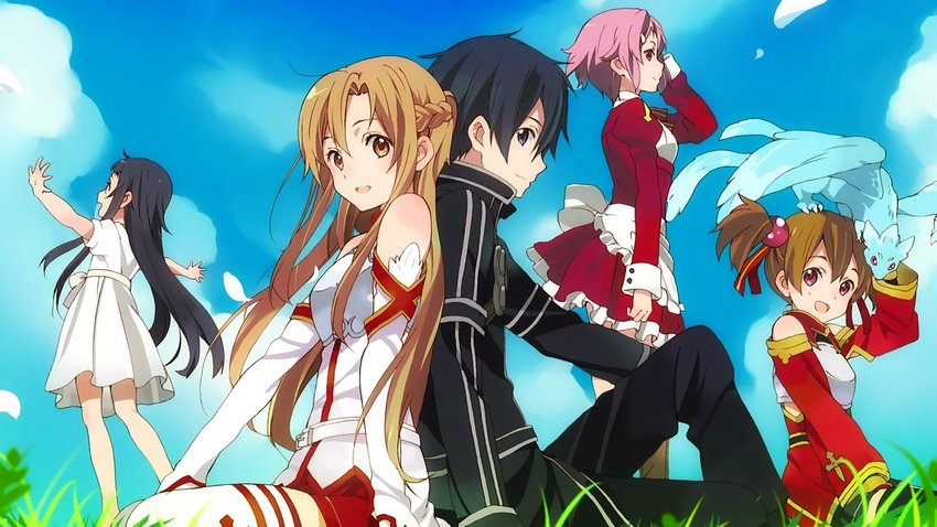 4girls :d apron asuna_(sao) back-to-back bare_shoulders belt black_hair breastplate brown_eyes brown_hair cloud day detached_sleeves dragon dress end_card frills grass hair_ornament highres horiguchi_yukiko kirito lisbeth long_hair long_legs multiple_girls non-web_source open_mouth petals pina_(sao) pink_hair puffy_sleeves red_eyes screencap short_hair short_twintails silica sitting skirt sky smile sword_art_online thighhighs twintails yui_(sao)