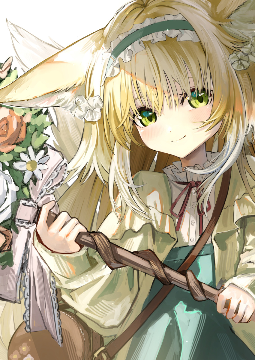 1girl absurdres animal_ears aqua_hairband aqua_skirt arknights bag blonde_hair brown_bag cardigan closed_mouth colored_tips commentary fox_ears fox_girl fox_tail frilled_hairband frills green_eyes hairband highres holding holding_staff long_hair long_sleeves looking_at_viewer multicolored_hair neck_ribbon official_alternate_costume red_ribbon ribbon round_bag safutsuguon shirt shoulder_bag skirt smile solo staff suzuran_(arknights) suzuran_(spring_praise)_(arknights) tail two-tone_hair white_background white_hair white_shirt yellow_cardigan