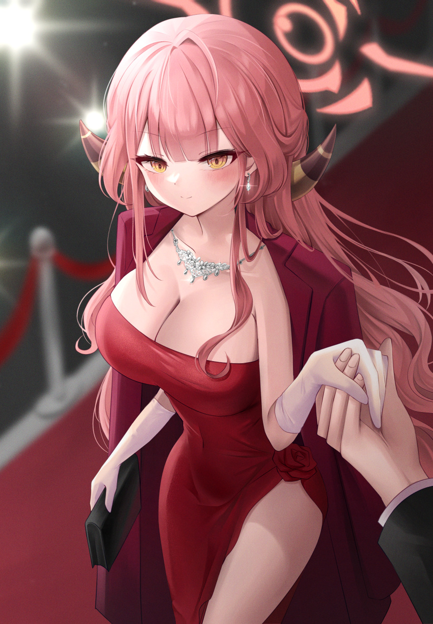 1girl 1other absurdres aru_(blue_archive) aru_(dress)_(blue_archive) blue_archive blush breasts brown_horns cleavage closed_mouth coat coat_on_shoulders collarbone demon_horns dress gloves halo highres horns iyusei_02 jewelry large_breasts long_hair looking_at_viewer necklace official_alternate_costume pink_hair pink_halo red_coat red_dress revision smile solo_focus strapless strapless_dress thighs white_gloves yellow_eyes
